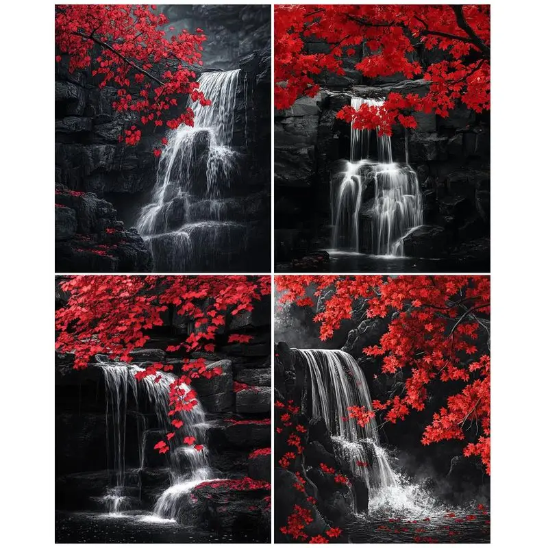 

CHENISTORY Oil Painting By Numbers Waterfall DIY Pictures By Number Red Leaf Kits Hand Painted Drawing On Canvas Home Decor