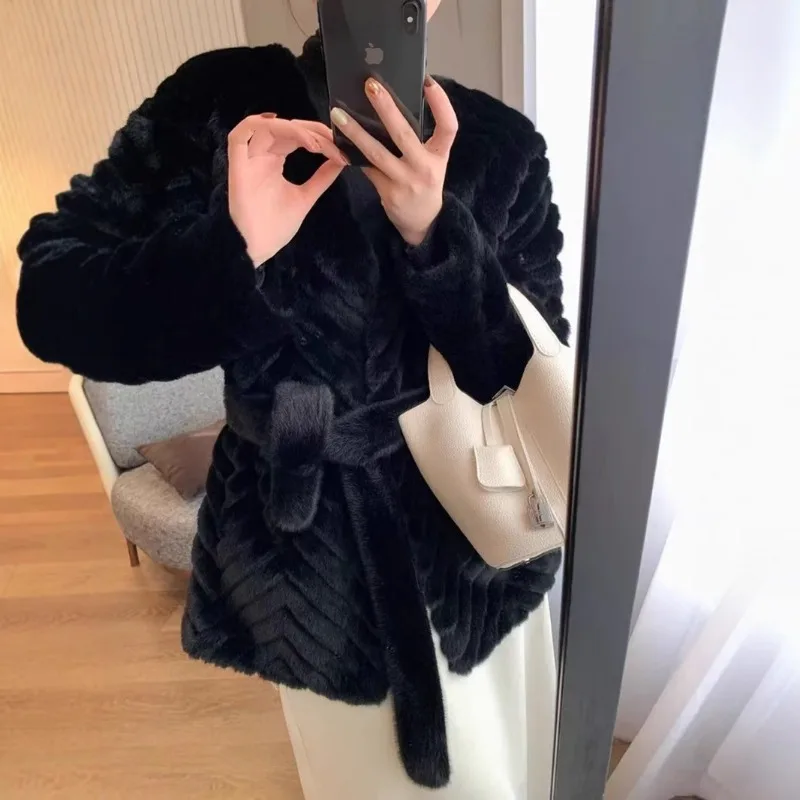Winter Striped Women Tops Mink Coat Luxury Eco-friendly Fur Faux Mink Soft Belted Coats Long Sleeve Jacket Clothing Trendy New