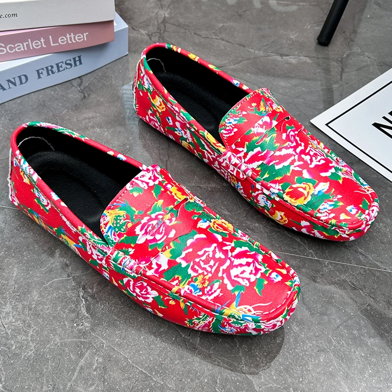 Fashion Men Party Shoes Penny Loafers Blue Red Wedding Loafers Big Size 48 47 Moccasins Slip On Driving Shoes Flower Flats Man