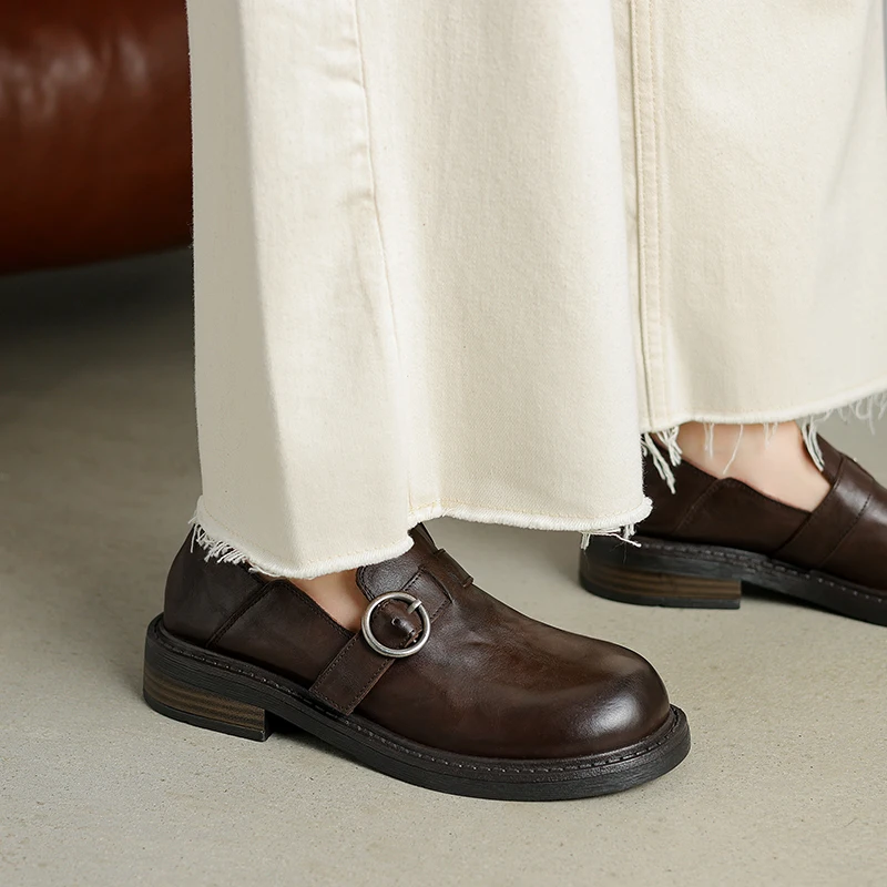 

Genuine Leather Buckle Flat Loafers Women Round Toe Commuter Soft Slip-On Shoes