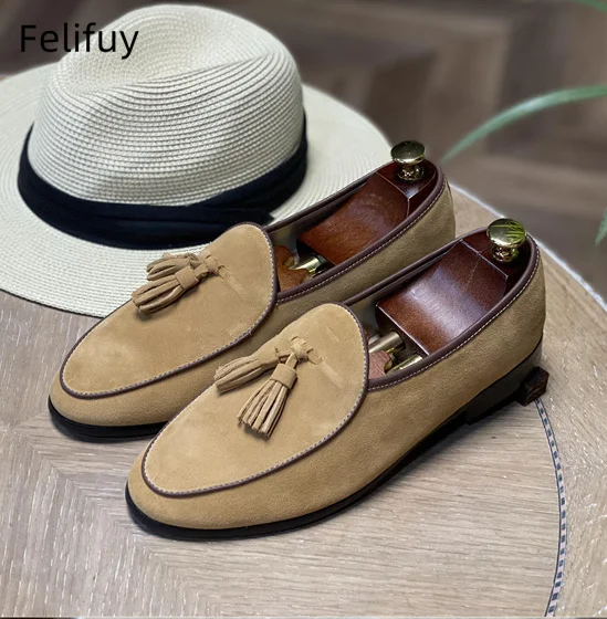 

Brown Blue Tassel Design Men Round Toe Cow Suede Flat Shoes Comfortable Genuine Leather Slip On Man Footwear Vintage Boy Shoes