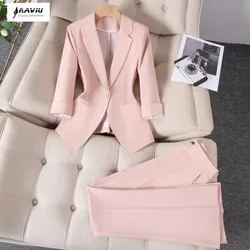 NAVIU Half Sleeve Female Pants Suits Women White Pink Apricot Single Button Slim Blazer And Trousers Ladies Business Work Wear