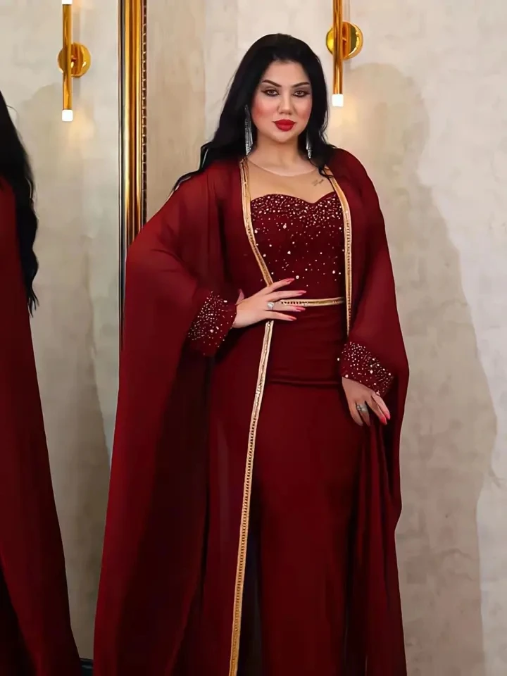 

Women's Light Luxury Dress Set Fashion Mesh Nail Bead Two Piece Dress Robe Spring New Style