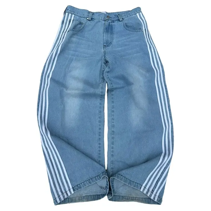 Jeans Baggy Blue com cintura alta e listras angustiadas, calça reta, calça clássica e simples, moda coreana, estilo casual, Y2k