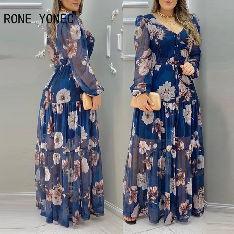 Women Floral Print Lantern Sleeve V-Neck Chiffon Dress Maxi Dress Vacation Dress 2021