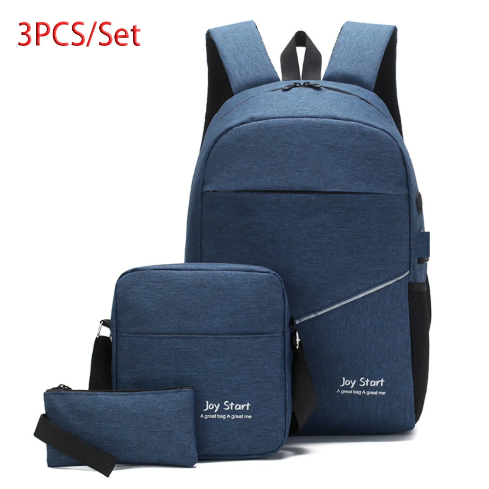 3PCS/Set Men Sports Travel Student Bag Large Laptop Business with USB Charging Port for Outdoor Travel Hiking Black One Size