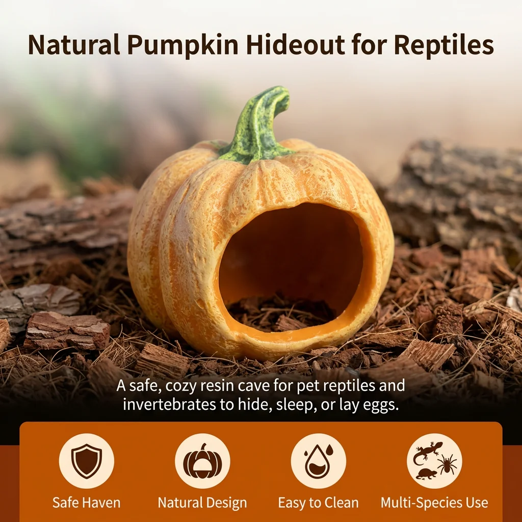 Reptile Hideout Resin Pumpkin Cave Anti-Slip Bottom for Terrarium Decor Leopard Gecko Corn Snake Lizard Habitat Accessories view 2