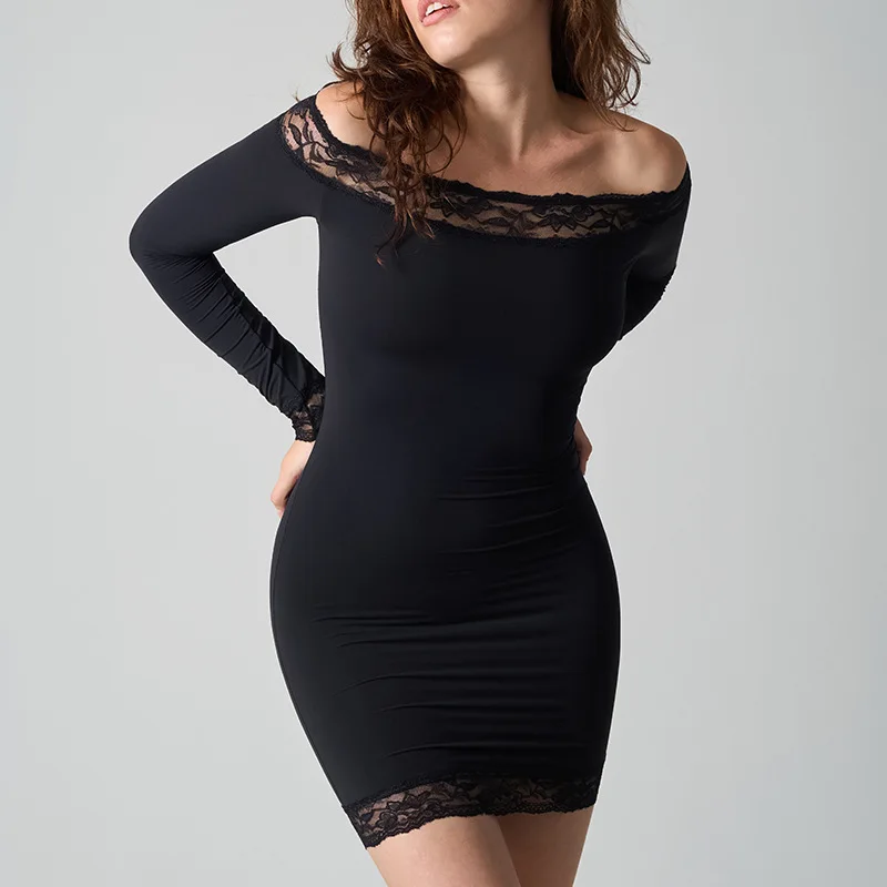 

Sexy Lace Patchwork Hip Hugging Dress Women Fashion Solid Color One Shoulder Long Sleeves Slim Waist Cinched Bodycon Short Dress