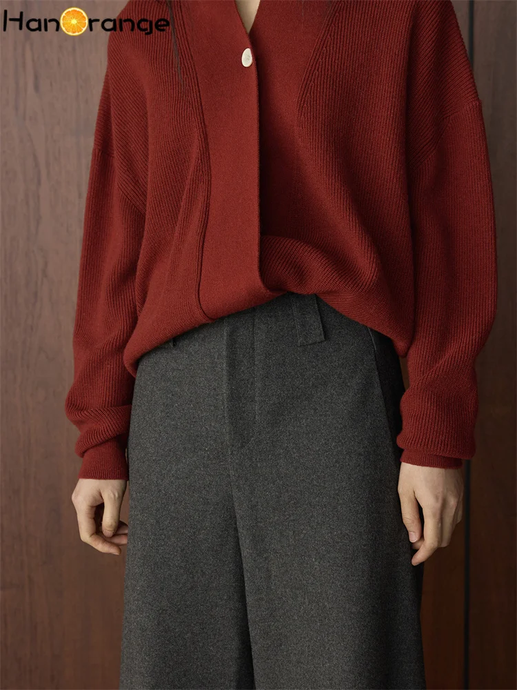 Hanorange 2025 inverno moda lã curvada faca em forma de calças femininas soltas alisamento flacidez cinza escuro