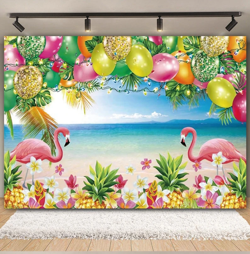 Summer Hawaii Beach Flamingo Backdrop Tropical Seaside Aloha Palms Tree Birthday Party Baby Photography Background Photo Studio