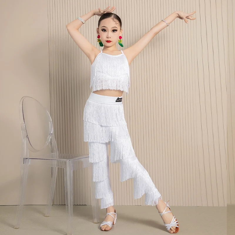 8 Colors Tassel Latin Dance Clothes For Girls Fringe Set Tops Pants Kids Latin Dance Competition Clothing Practice Wear DNV20525