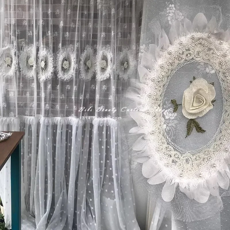 Korean Pink Blue Background Curtain White Three-dimensional Embroidered Dreamy Princess Lace Wedding Room Customization