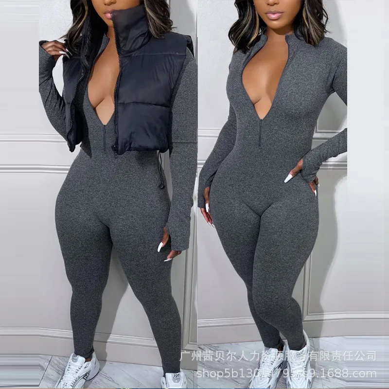 

Mandylandy V-neck Jumpsuit Sexy Long Sleeve Sheath Bodycon Jumpsuits High Waist Zipper Slim Solid Color Pencil Pants Jumpsuit