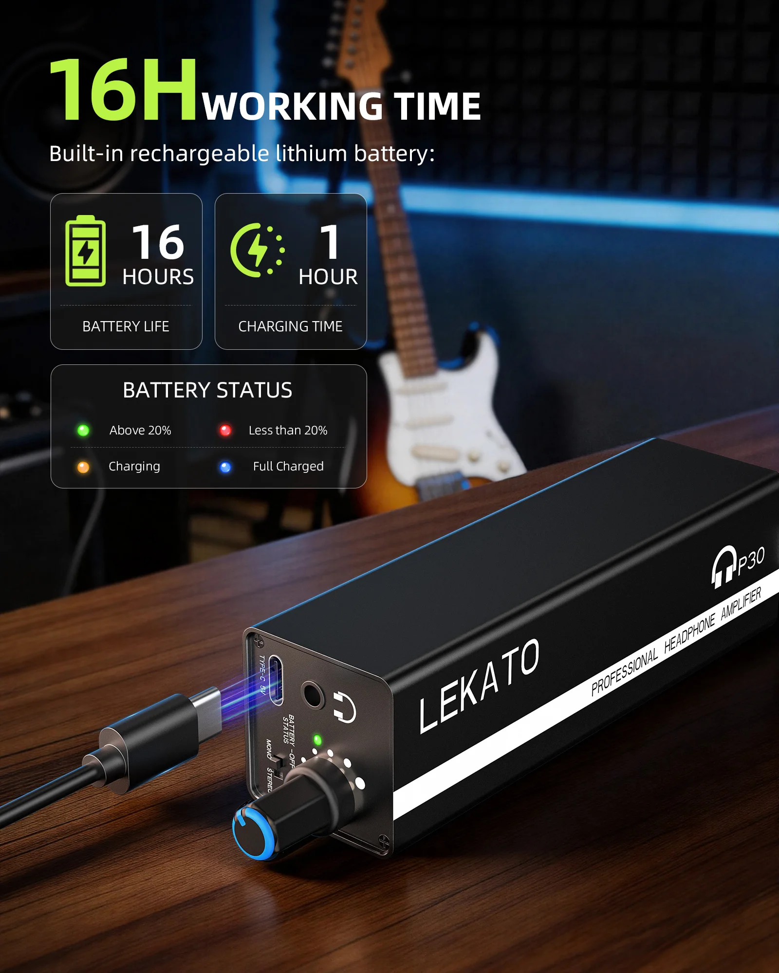 Lekato P30 In-Ear Monitor Amplifier 16-Hour Rechargeable Iem Amp Locking Xlr/trs Input Mono/stereo Switch for Stage & Studio