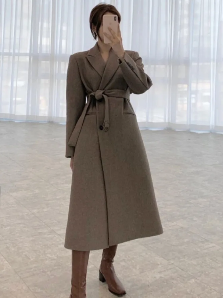 Elegant Woolen Coat Women's Winter New Style Belted Waist Over-Knee Long Coat Korean Style Fashionable Outerwear