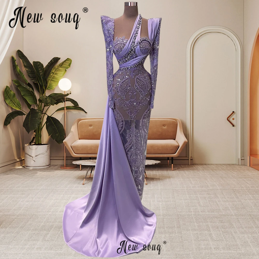 Haute Couture Lilac Long Evening Dress Side Train Custom Made Women Arabic 2023 Formal Celebrity Dresses Vestidos De Noche