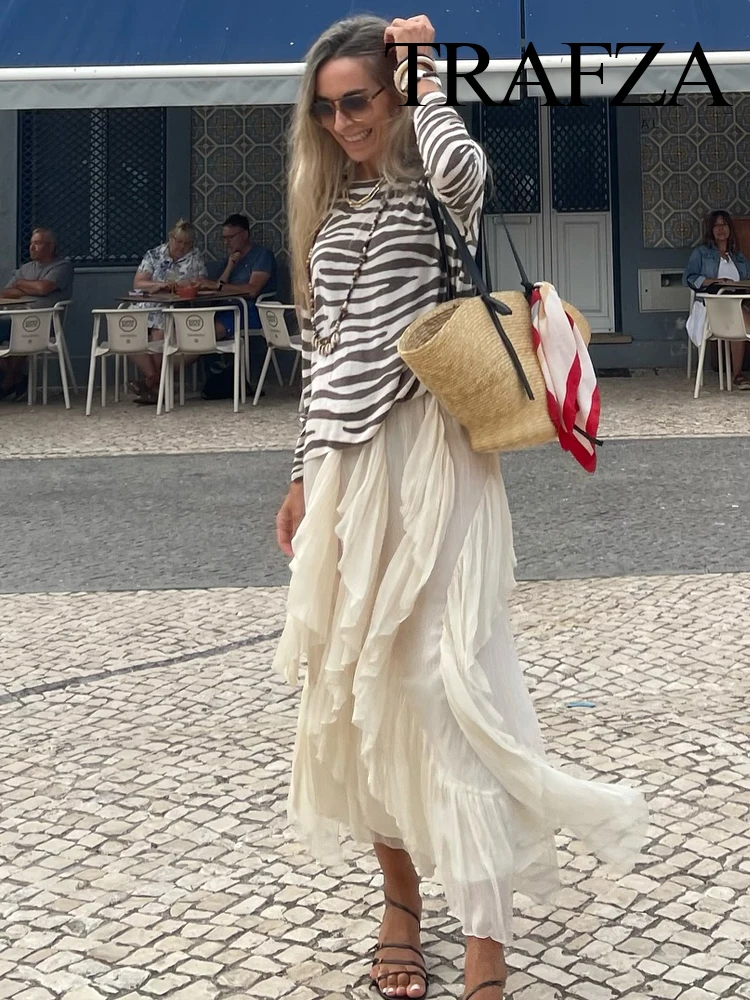 

TRAFZA Women Chic Stacked Ruffle Design Midi Skirt 2025 Summer Woman High Waist Solid Skirt Seaside Vacation Beach Skirt Mujer