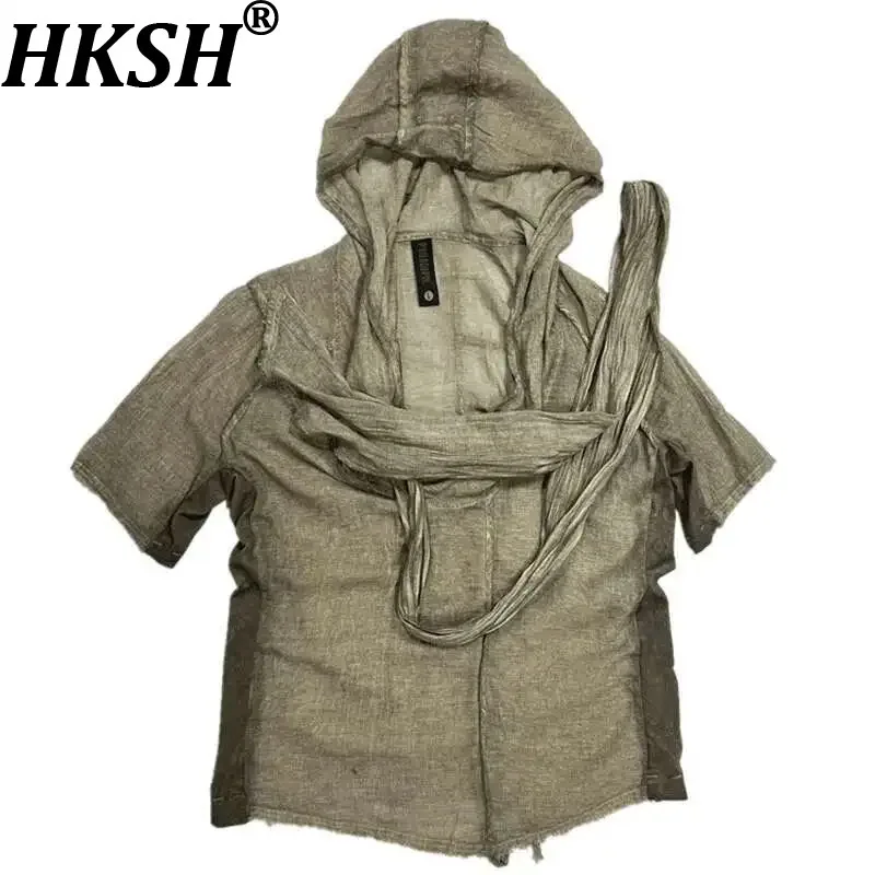 HKSH Summer New Man Tide Punk Desert Waste Land Stylish Techwear Niche Mud Dyed Vintage Hooded T-shirt Women Cotton Tees HK1948