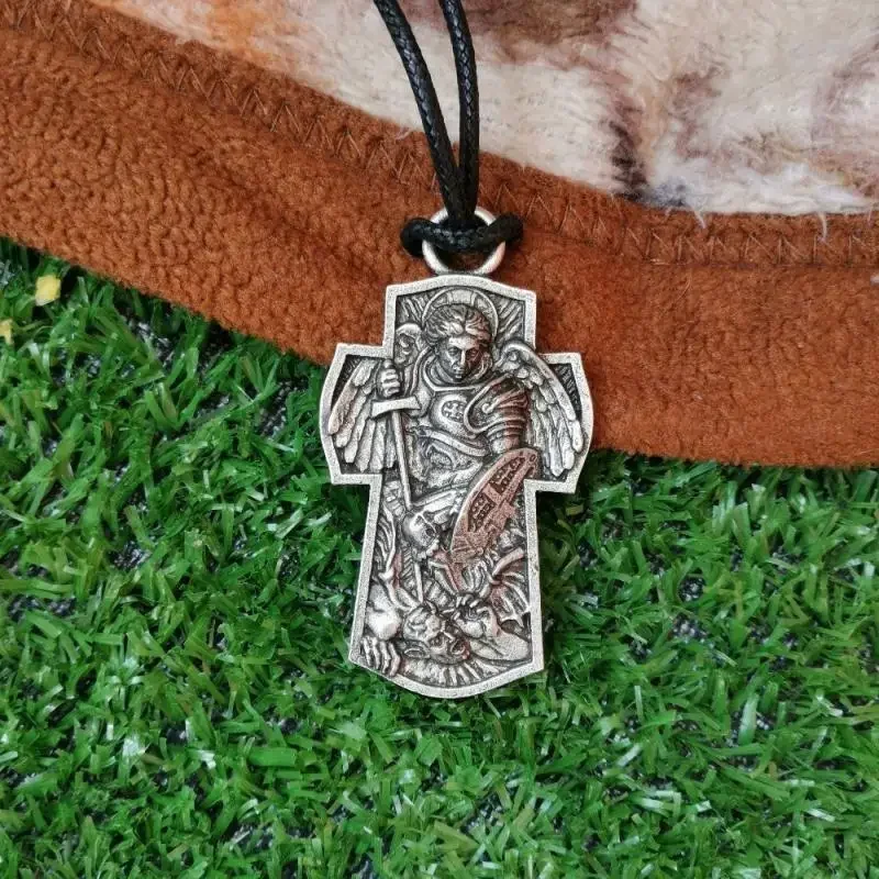 Vintage St. Michael the Archangel Cross Pendant Rope Necklace Men's Religious Amulet Jewelry