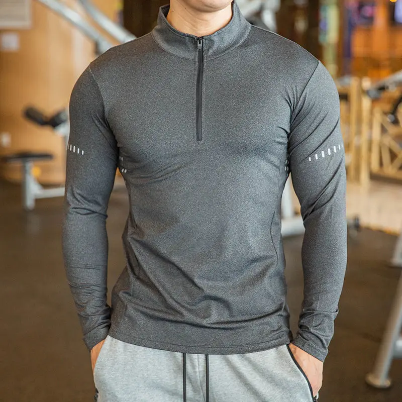 Quick Dry breathable Running Shirt Men Bodybuilding Sport T-shirt Long Sleeve zipper stand collar Gym Fitness T shirt