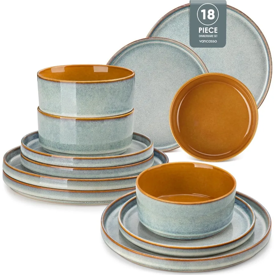 

Наборы керамических тарелок и мисок, 18-х голубые наборы посуды для кухни, набор посуды с реактивной глазурью на 6 человек, посудомоечная машина и