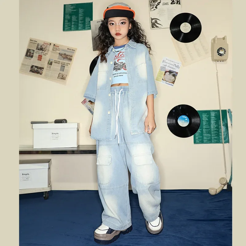 

Summer Hip Hop Dance Clothes for Kids Performance Street Wear Girls Boys Denim Jazz Dance Costume Stage Competition Clothing