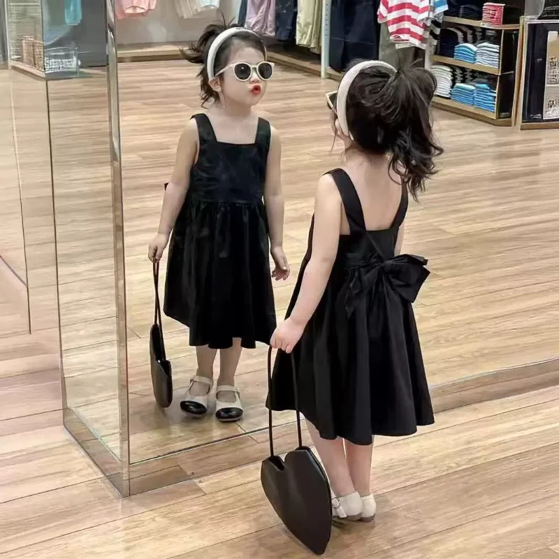 

Baby Girls Dress 2025 Summer Vacation Black Bow Dress Fashion Sweet Princess Dress Kids Suspender Skirt