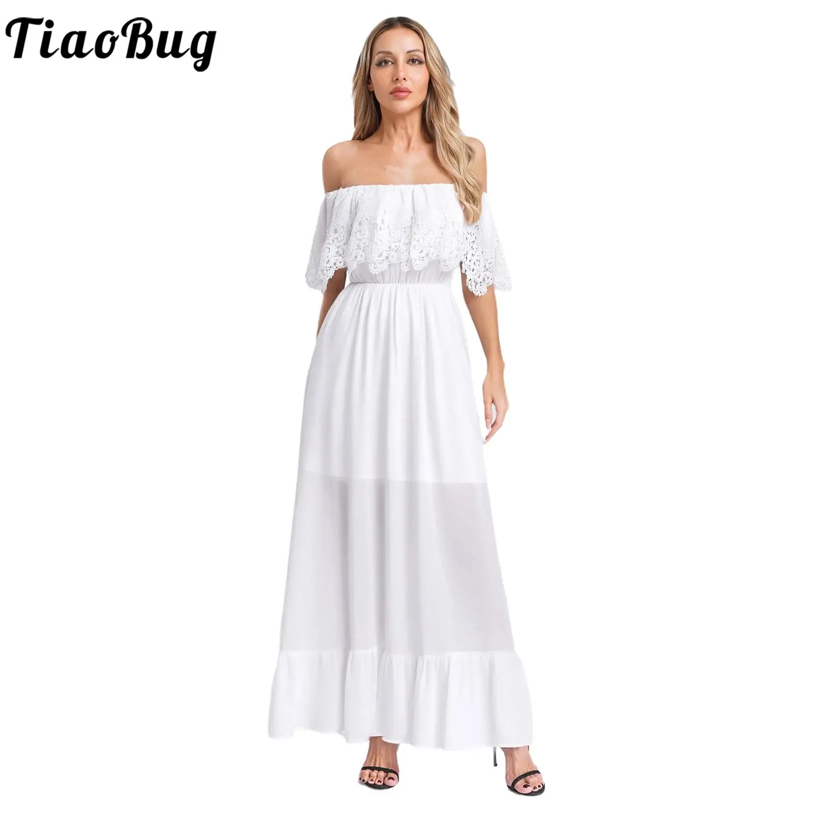 

Women Purity Midi Dress Guipure Lace Off Shoulder Ruffled Chiffon A-line Dress for Tropical Vacation Daily Casual Dating Dresses