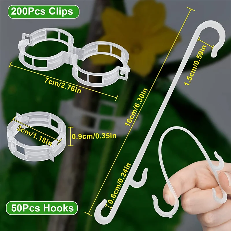 ABNQ 250 Pcs Tomato Clips, Plant Support Clips and J Tomato Hooks, Plastic Trellis Clips Vegetable Cages Vine Garden Clips