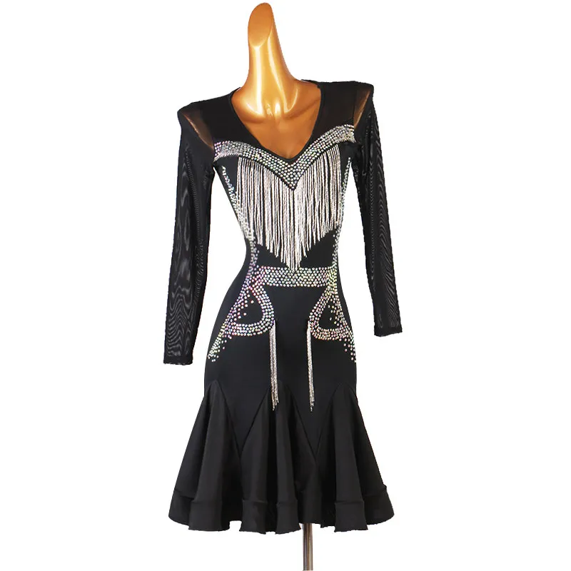 V Neck Long Sleeve Chest Fringe Geometric Rhinestone Decor Double Layer Flared Dance Dress For Latin Dance Competition Stage Per