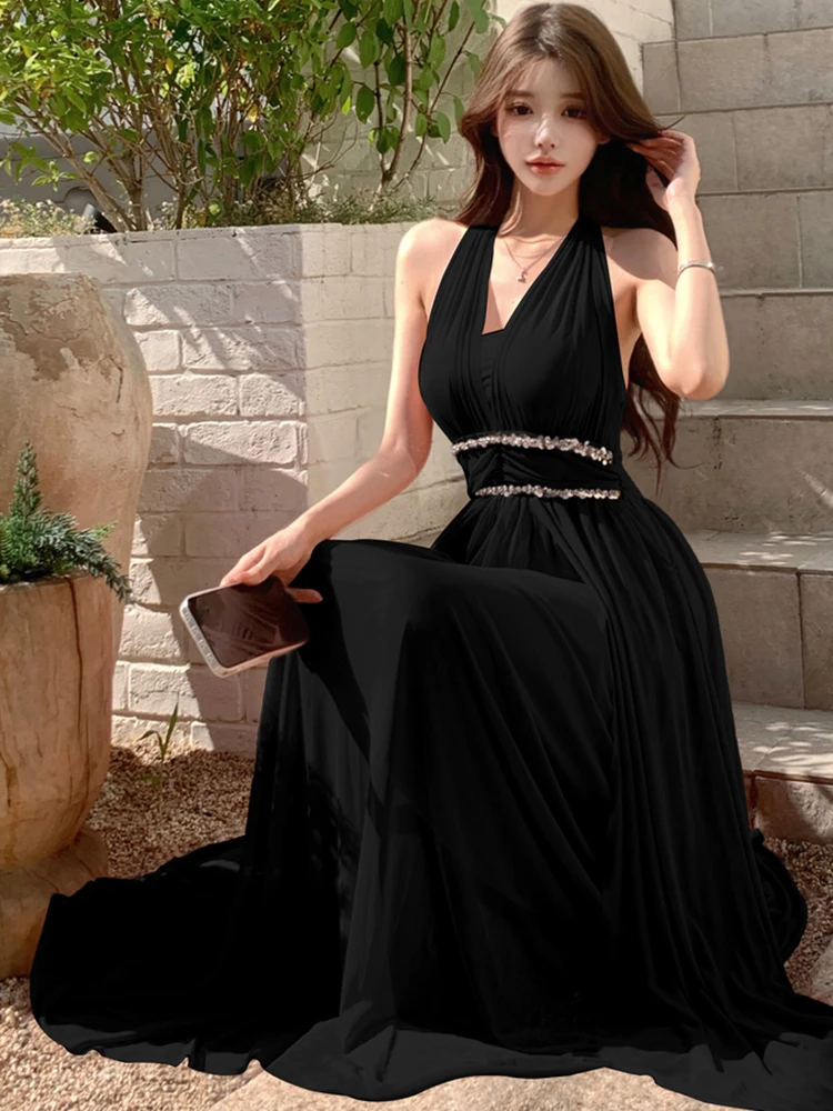 Damska Różowa Elegancka Sukienka Maxi z Cekinami, Luksusowa, Seksowna, Letnia, Elegancka, Codzienna, Koreańska Sukienka Wieczorowa w Stylu Vintage na Ramiączkach, 2025