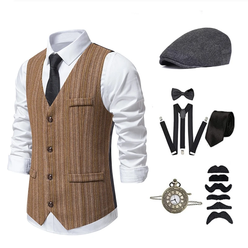 Autunno Retro Gatsby 1920s Carnival Banquet abito da uomo Gentleman Vest Party Button Set accessori cappello Strap