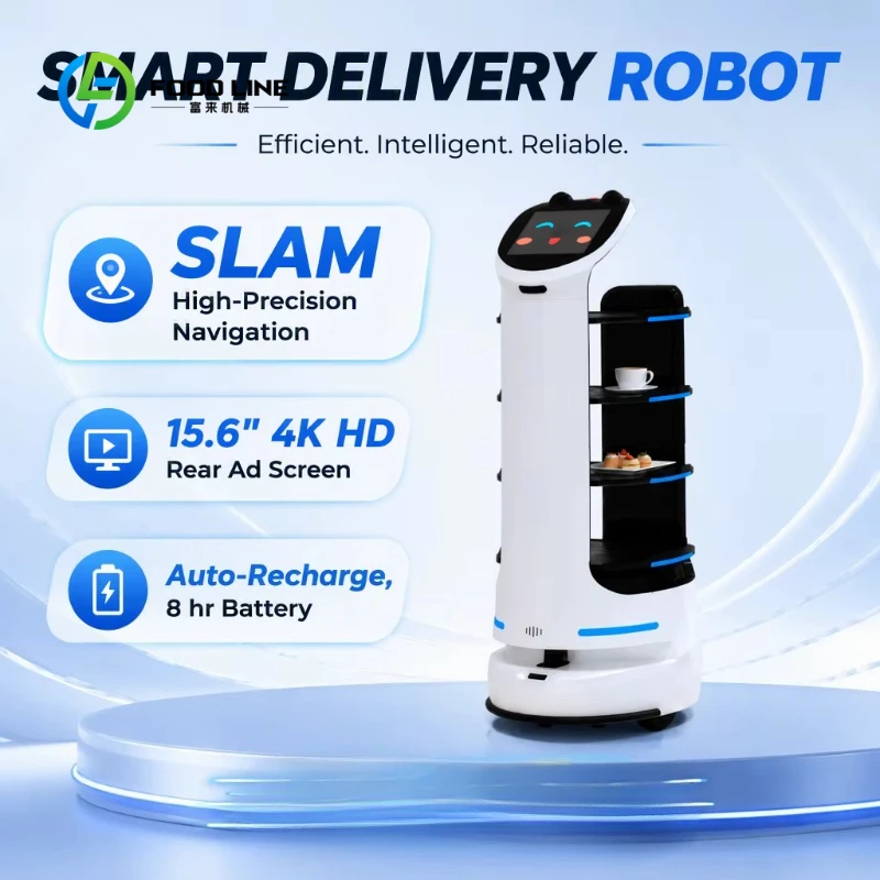 Customized Restaurant Automatic Meal Delivery Robot Touch Screen&Obstacle Avoidance Multi Tray for Banquet Hall Catering Shop
