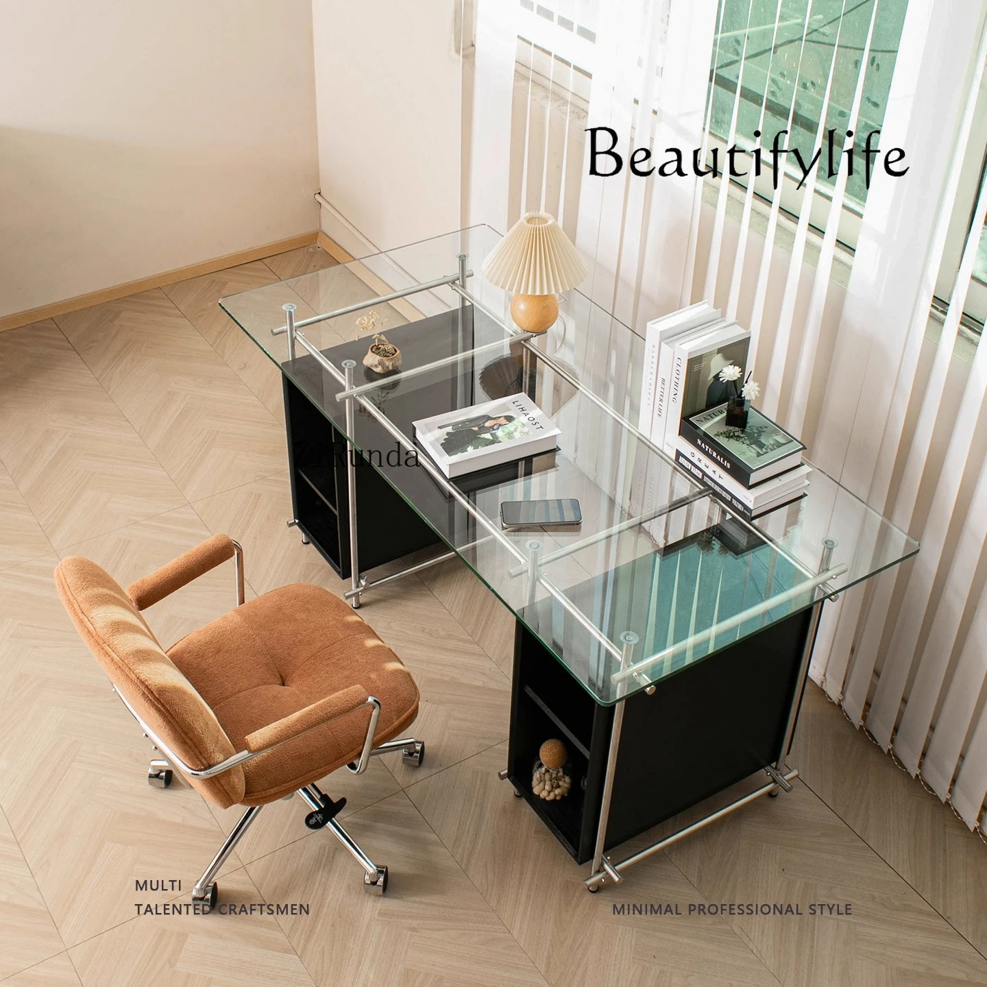 مكتب إيطالي بسيط من الزجاج المقسى مكتب من الفولاذ المقاوم للصدأ منضدة عمل طويلة