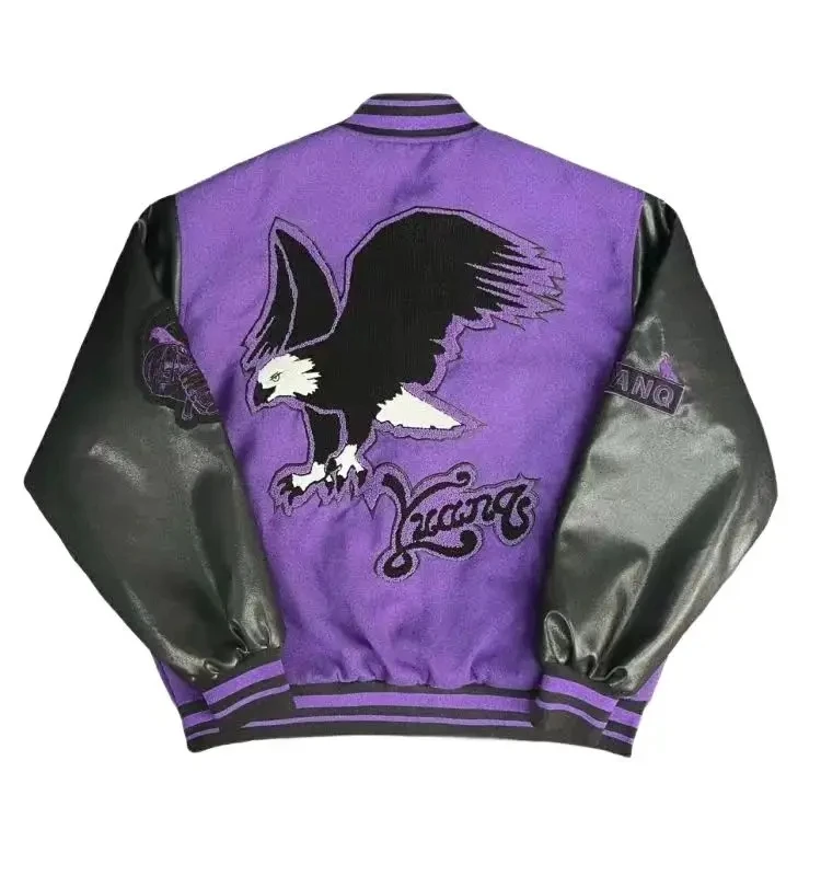 VIntage Varsity Jacket Men Purple Baseball Jackets Embroidery PU Faux Leather Sleeves Spring Autumn Women Bomber Coat