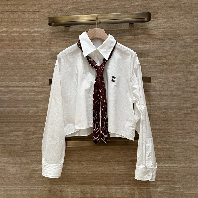 【هدية مجانية】قميص نسائي أبيض قصير فضفاض لخريف وشتاء 2025 نمط فرنسي متخصص طية صدر صغيرة مزدوجة S بلوزة عصرية مطرزة #1