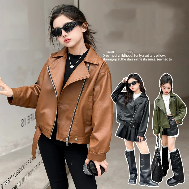 Children Girls Leather Jackets UNITIM Autumn Young Teenagers Girls Outerwear Coats Junior Girls Turn Down Collar Zipper Coats