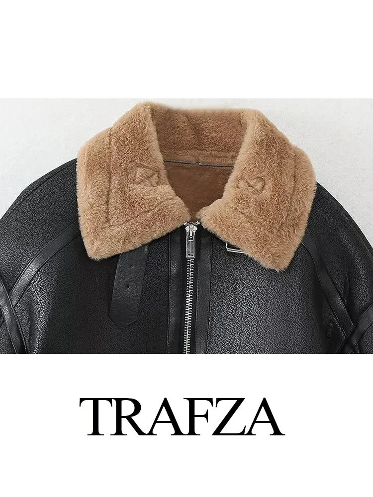 TRAFZA Women\'s Winter Fashion Versatile Reversible Short Leather Coat Female Long Sleeve High Street Pocket Zipper Warm Jacket