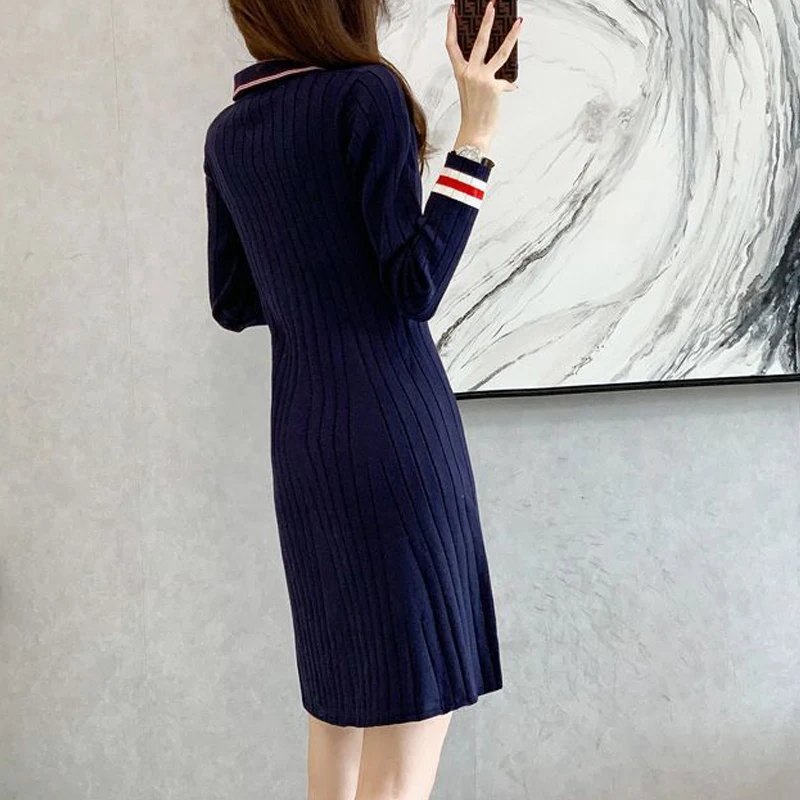 Autumn Winter Women\'s Vintage Striped Elegant Chic Slim Knitted Dresses Korean Fashion High Waist Long Sleeve A Line Midi Dress