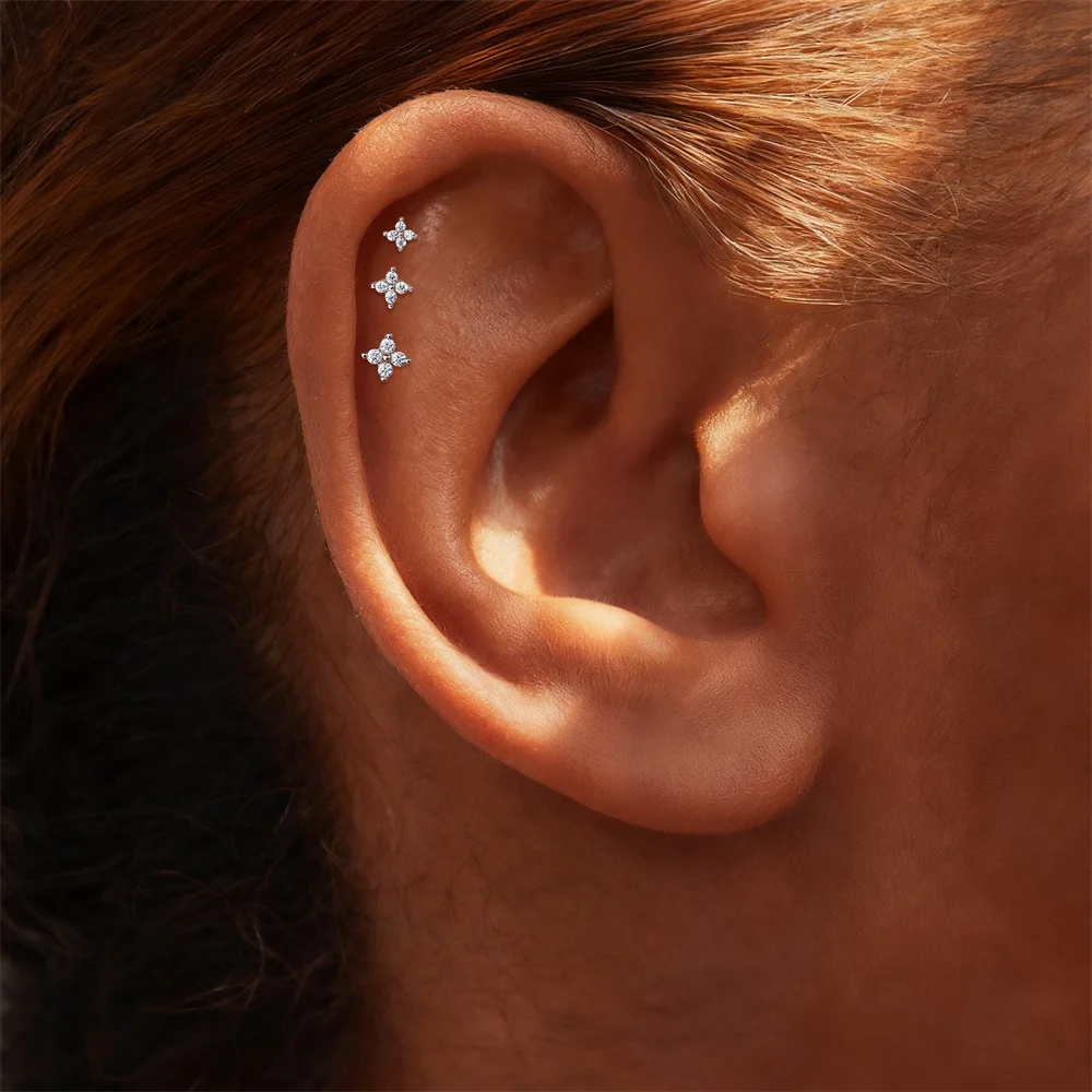 CANNER 3pcs/set 925 Sterling Silver 3/4/5mm Flower Moissanite Stud Earrings for Women Flat Back thread Party Jewelry Gifts