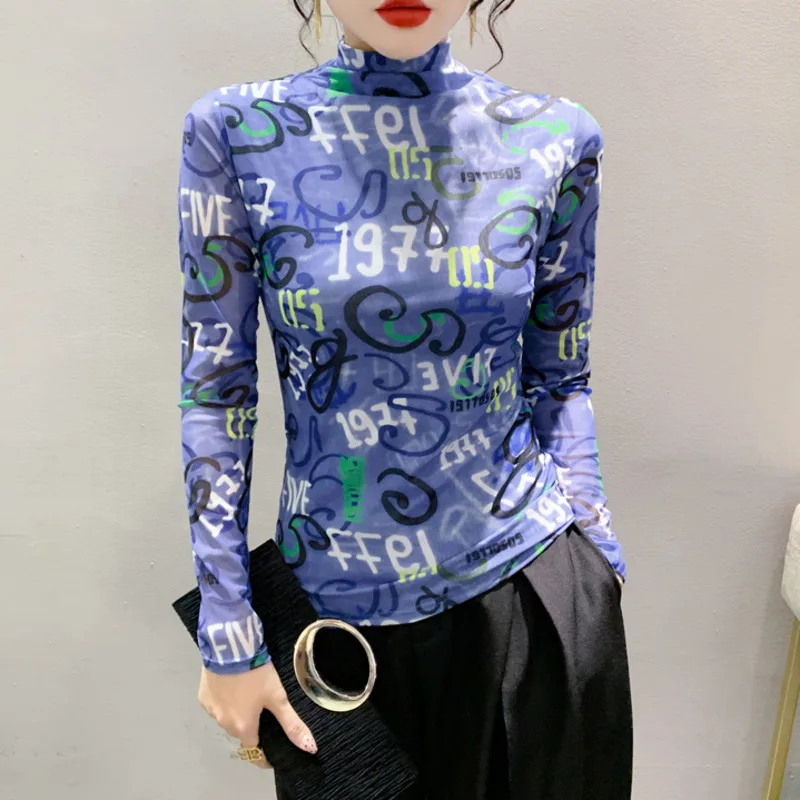 #8078 Tie Dye Mesh Short T Shirt Women Korean Style Sexy Thin Turtleneck T-shirt Female Long Sleeve Streetwear Women's T-shirt