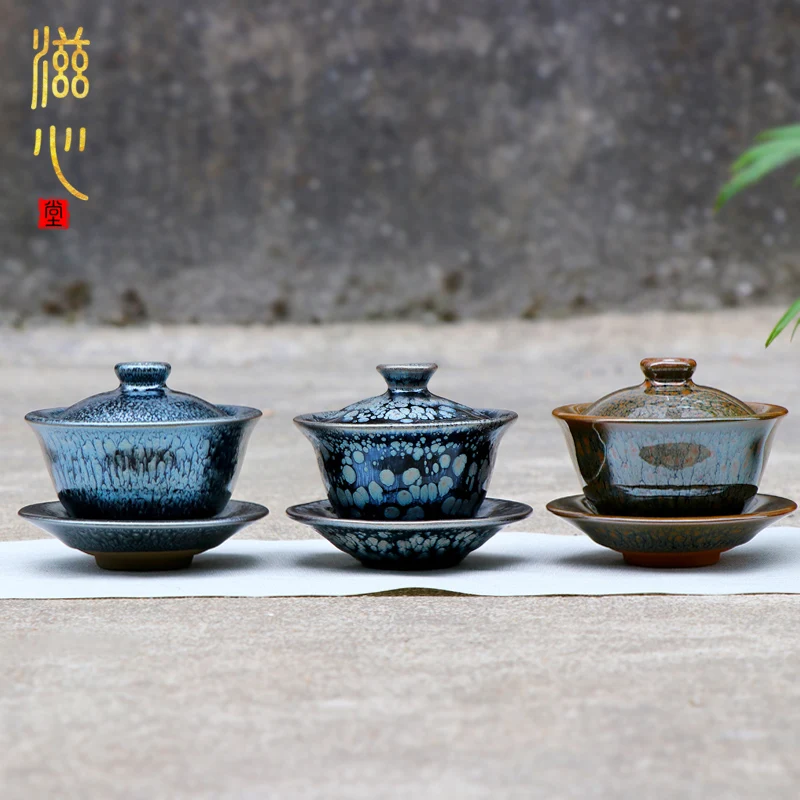 Zixintang Jianyang Jianzhan Lid Bowl Handmade Sancai Raw Mineral Ceramic Kung Fu Tea Set Jingcha Cup Large