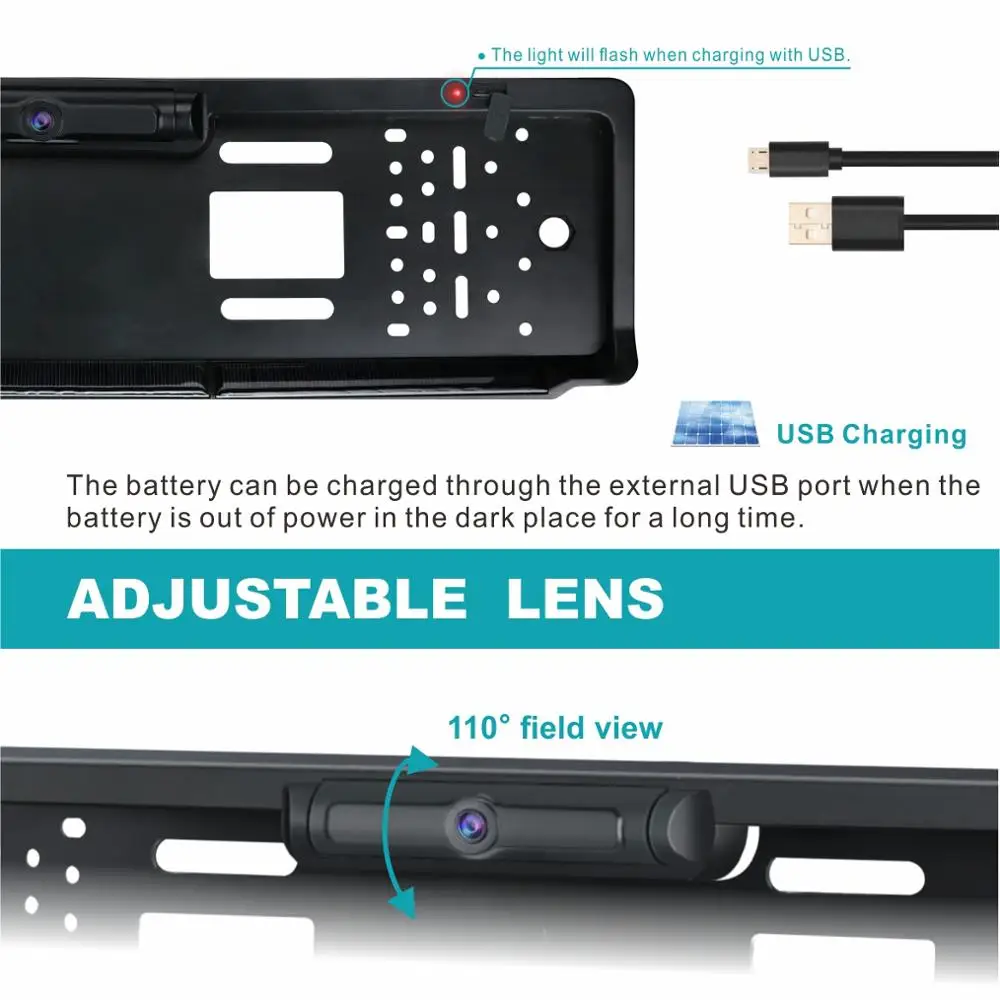 Eu Eenvoudige Installatie, 2.4G Transmissie Zonne-Energie Auto Achteruitkijkcamera 100% Draadloze Nummerplaat Frame Back-Up Camerasysteem