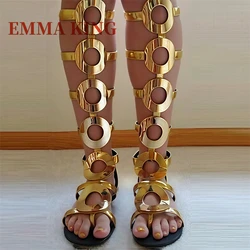 Summer Women Flat Knee High Boots Gold Circle Hollow Out Gladiator Sandals Mirrored Gold Leather Ring Shoes Comfort Beach Shoes