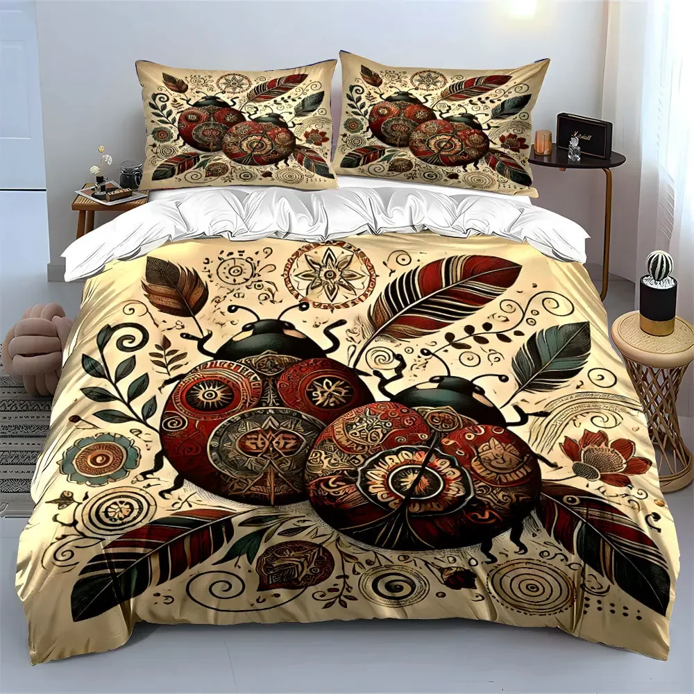 Bohemian Ladybug Artwork Decor Bedding Set with 1 Duvet Cover 2 Pillowcases Single Double King Queen, Gift