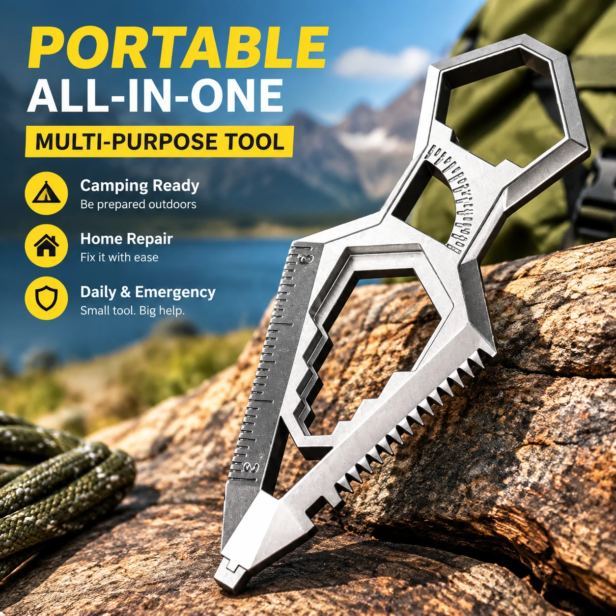 Portable All-in-One Multi-Purpose Tool for Camping, Home Repair, Daily Use and Emergency