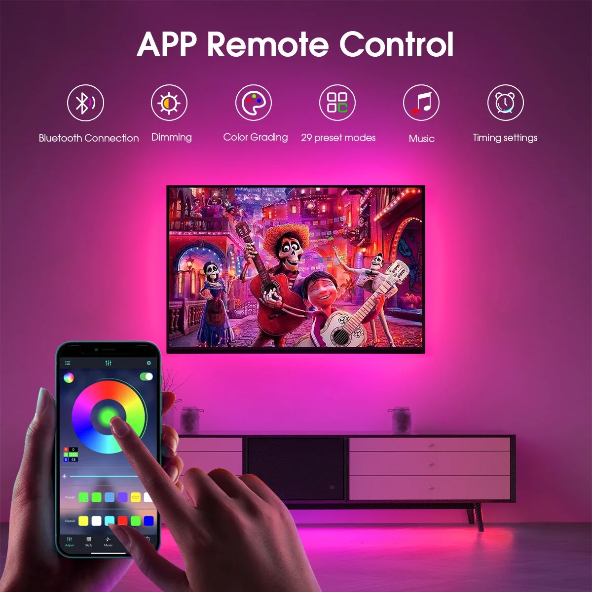 USB 1-5m LED Light Strip RGB Bluetooth 24keys Remote Control Sync With Music COB Linear Dimmable Tape Room TV Blacklight Decor