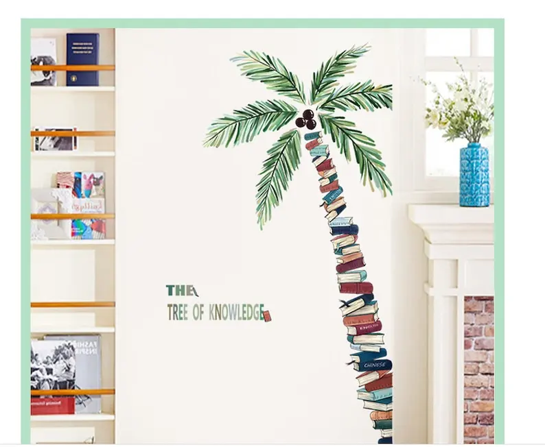 Tree Of Knowledge Palm Tree Of Books Wall Decal | Home Office Library Wall Decor | Classroom Decor | Nursery kids room wall deca