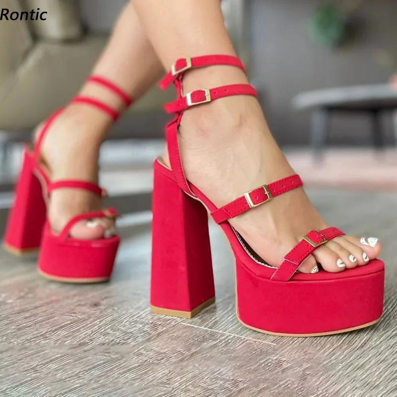 

Rontic женские сандалии ручной работы, непромокаемые модельные туфли с пряжкой и ремешком на массивном каблуке с открытым носком, красивые красные модельные туфли цвета фуксии, размер США 5-15