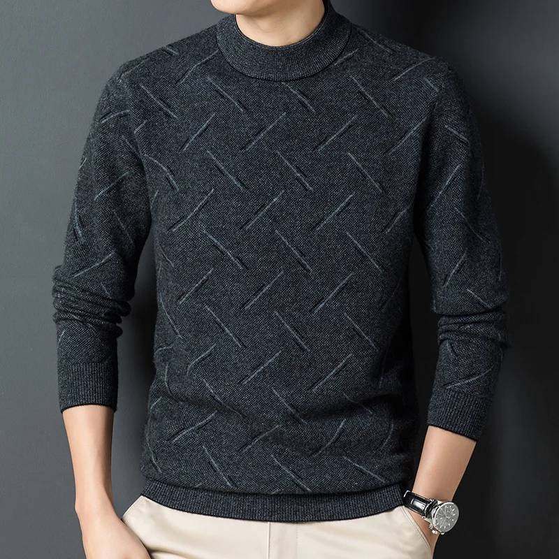 pure 100% wool sweater men's autumn and winter round neck jacquard pullover young and middle-aged warm knit bottoming shirt.